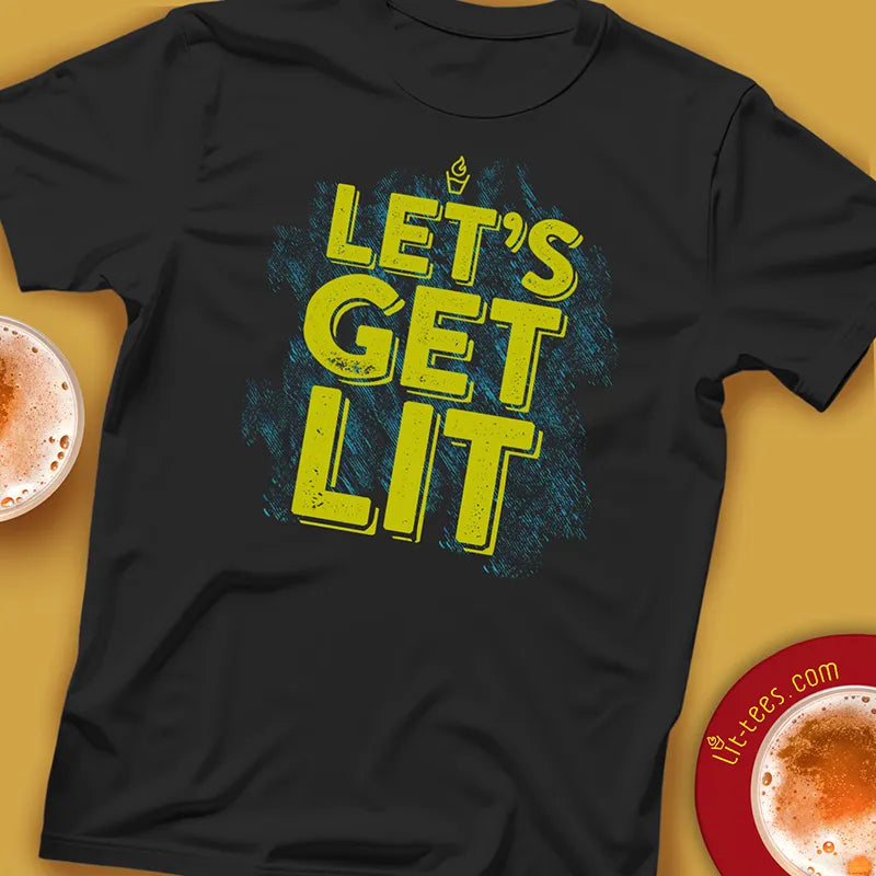 Black 'Let's Get Lit' Tee Shirt lay flat with beer glasses