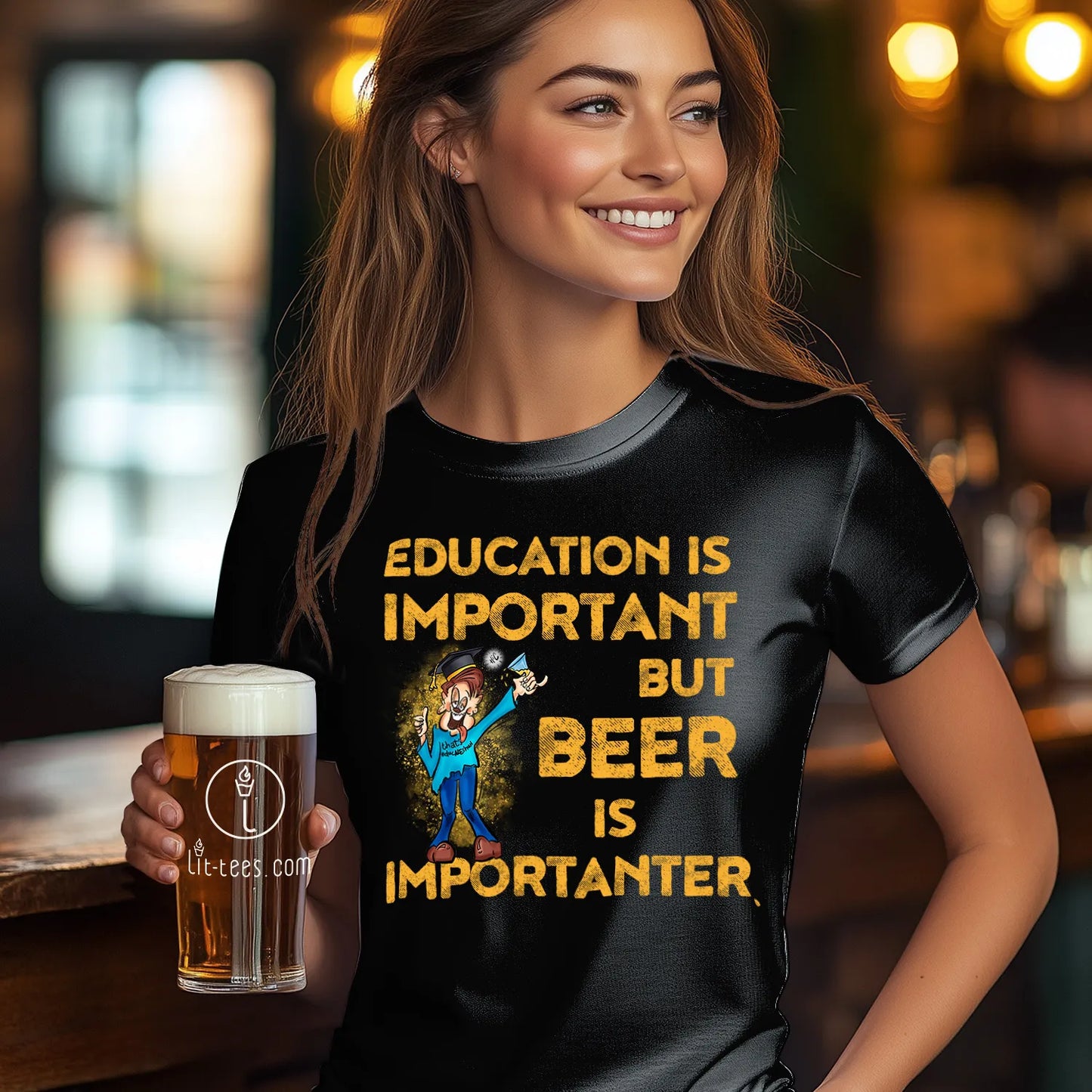 Woman wearing a black tee shirt saying 'Education is important but beer is importanter' in cartoon style holding a beer in a bar setting.