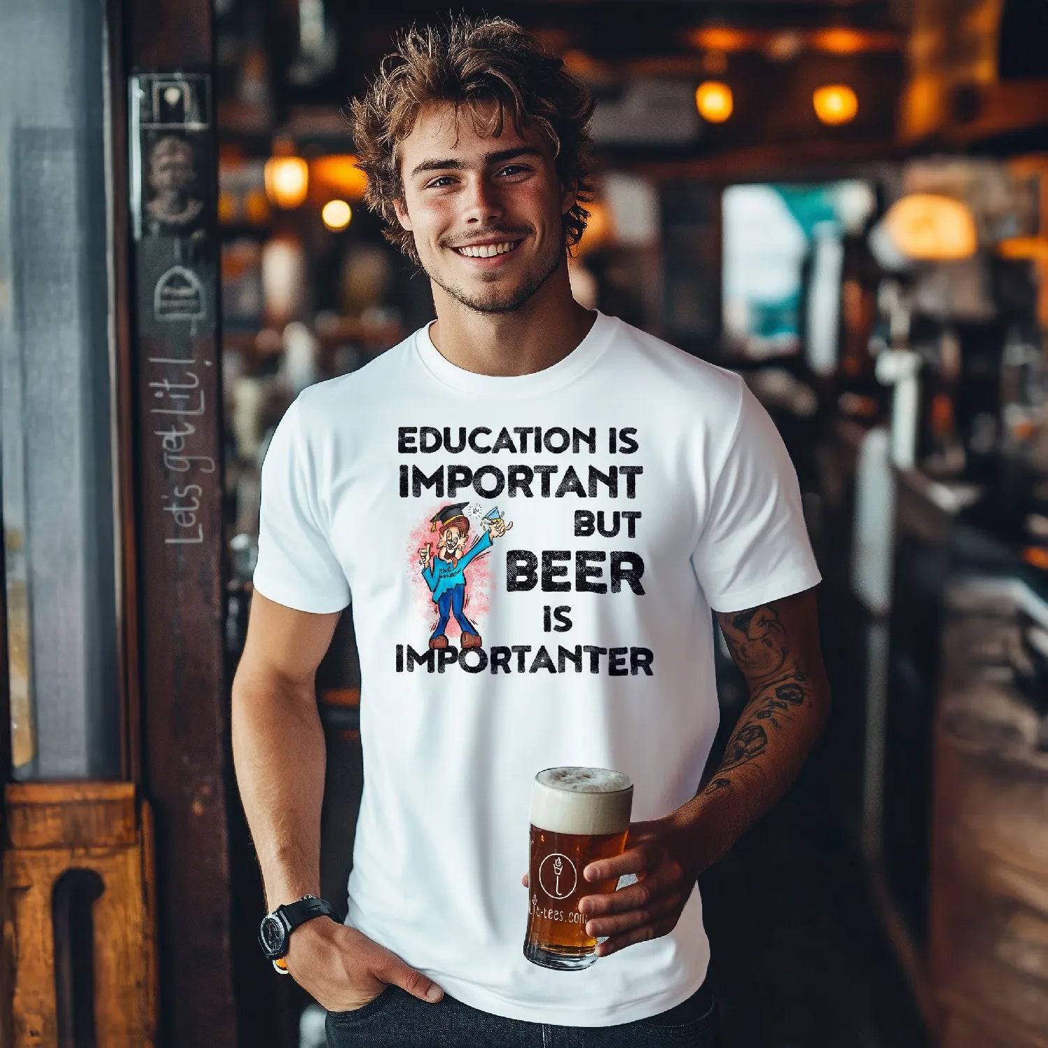 Man wearing a white  tee shirt saying 'Education is important but beer is importanter' in cartoon style holding a beer in a bar setting.
