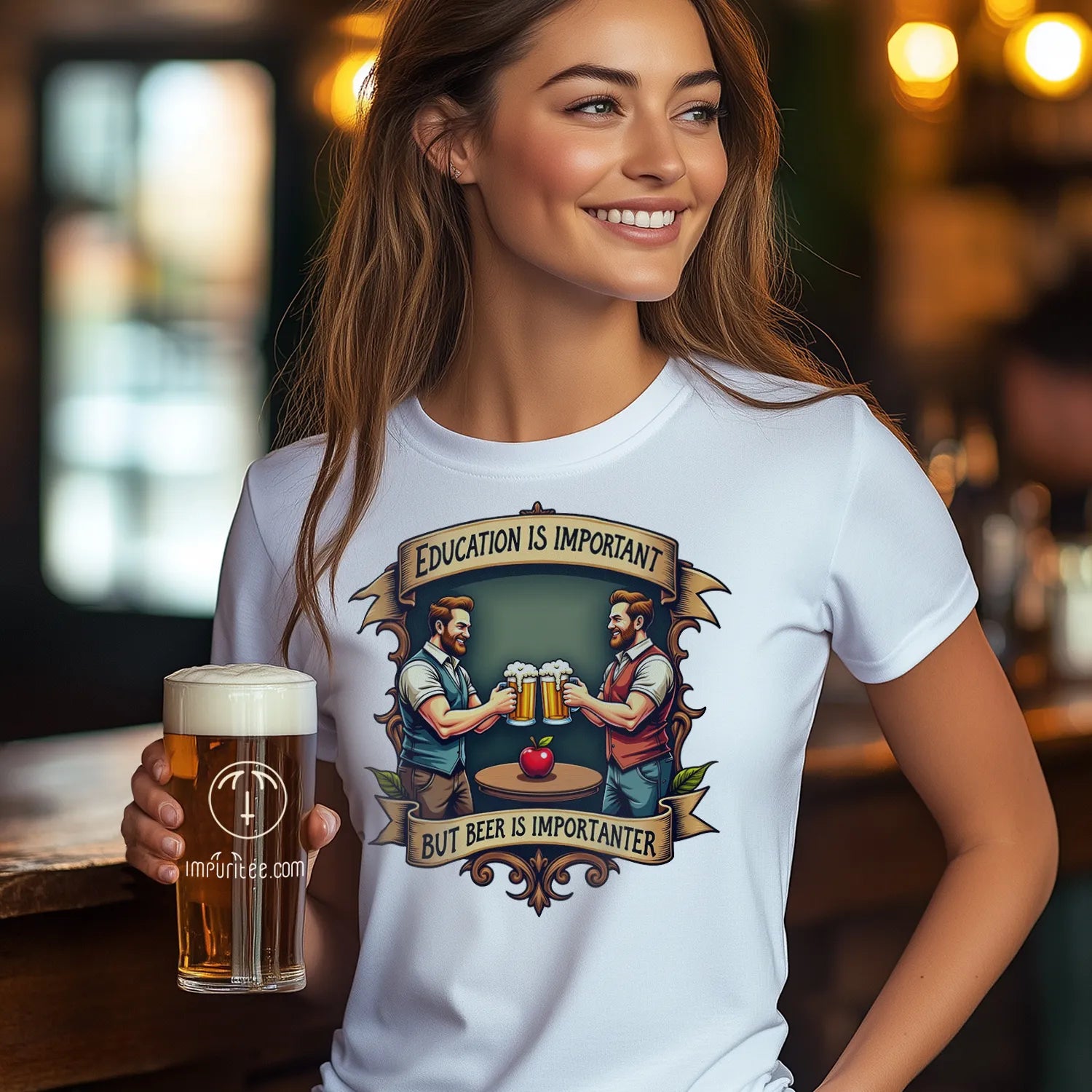 Woman holding a beer mug wearing a white t-shirt saying 'Beer is important, but education is importanter' with a graphic beer design in a bar setting