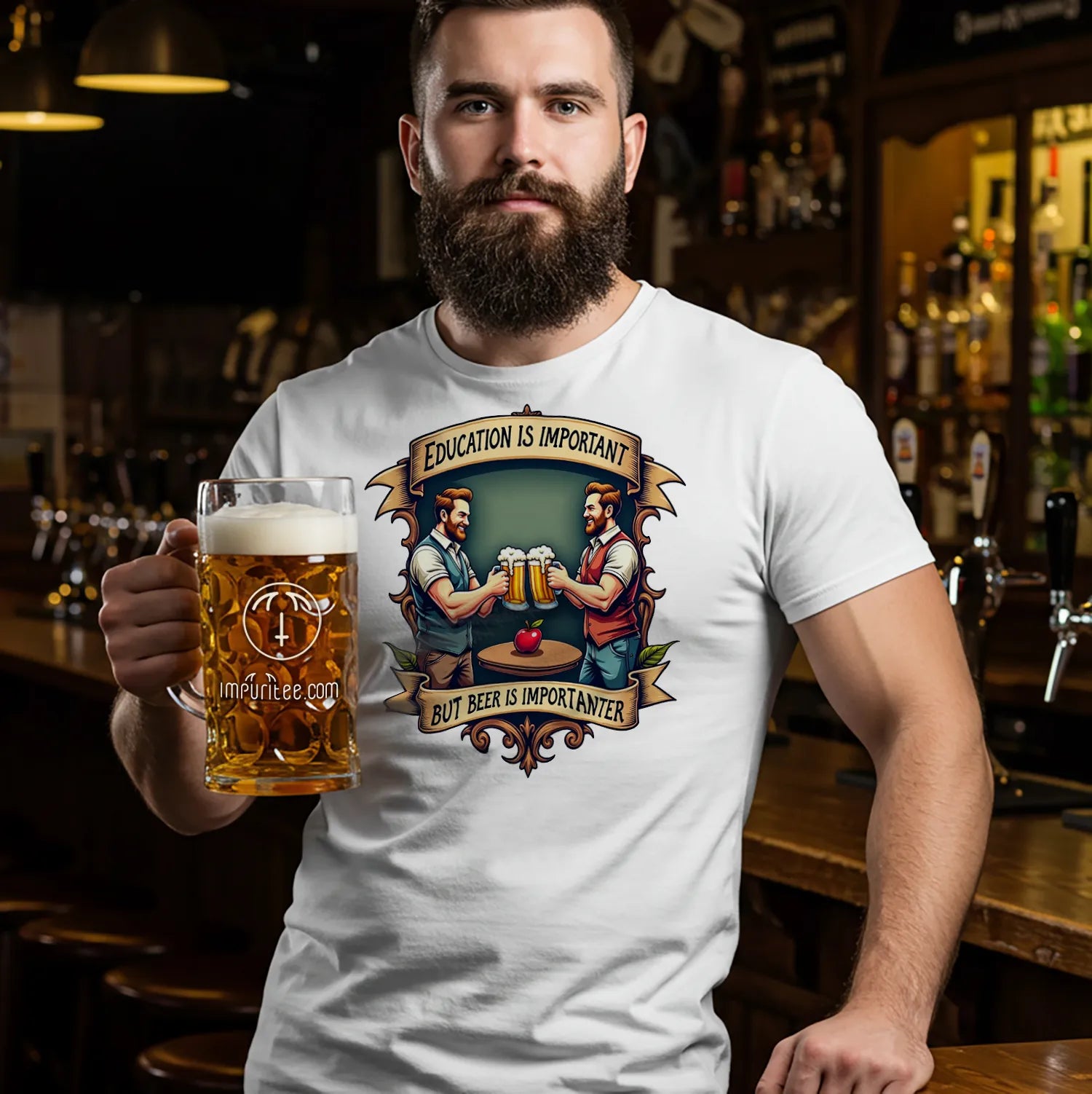 Man holding a beer mug wearing a white t-shirt saying 'Beer is important, but education is importanter' with a graphic beer design in a bar setting