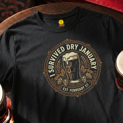 Black t-shirt with 'I Survived Dry January' design featuring a beer glass and hops, placed on a wooden surface.