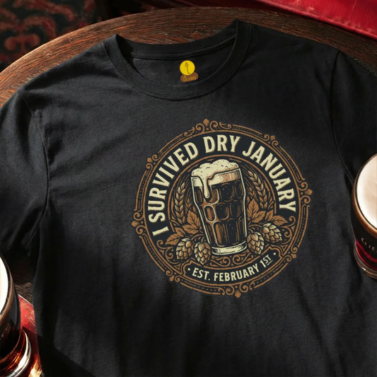 Black t-shirt with 'I Survived Dry January' design featuring a beer glass and hops, placed on a wooden surface.