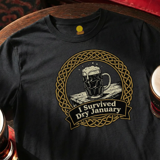Black t-shirt with a graphic of a mug of beer and 'I Survived Dry January' text, placed on a wooden surface.