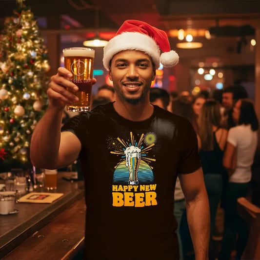 Man in a bar wearing a Santa hat and 'Happy New Beer' Christmas tee shirt, holding a beer.