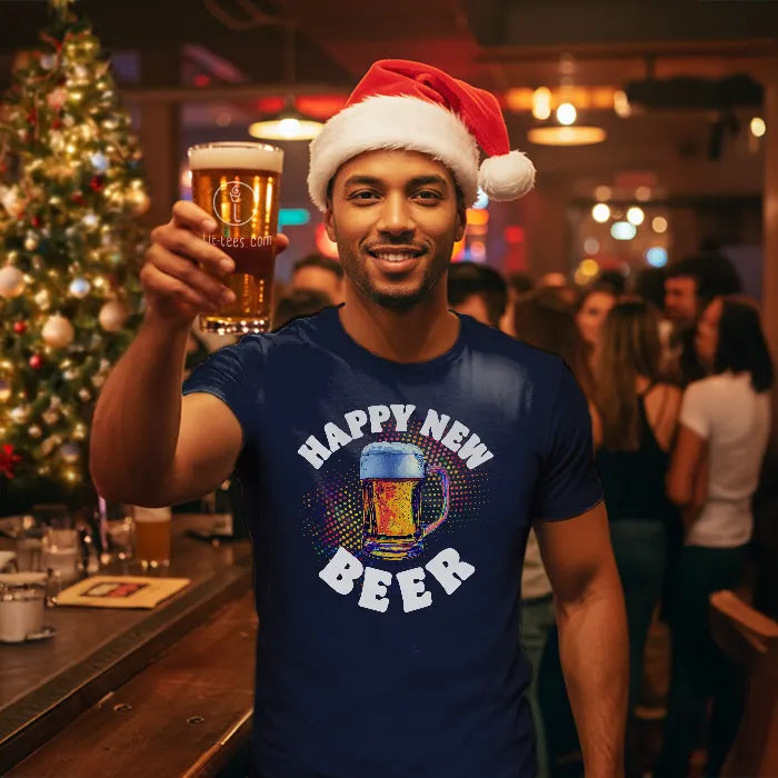 Man wearing a Santa hat and 'Happy New Beer' New Year's t-shirt, holding a beer in a festive bar setting.
