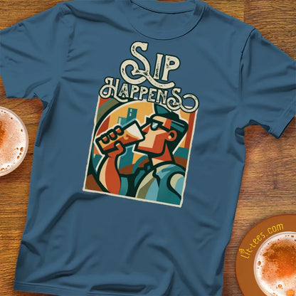 Indigo Blue t-shirt with a graphic design of a man drinking from a pint and text 'Sip Happens' on a wooden surface with coffee cups.