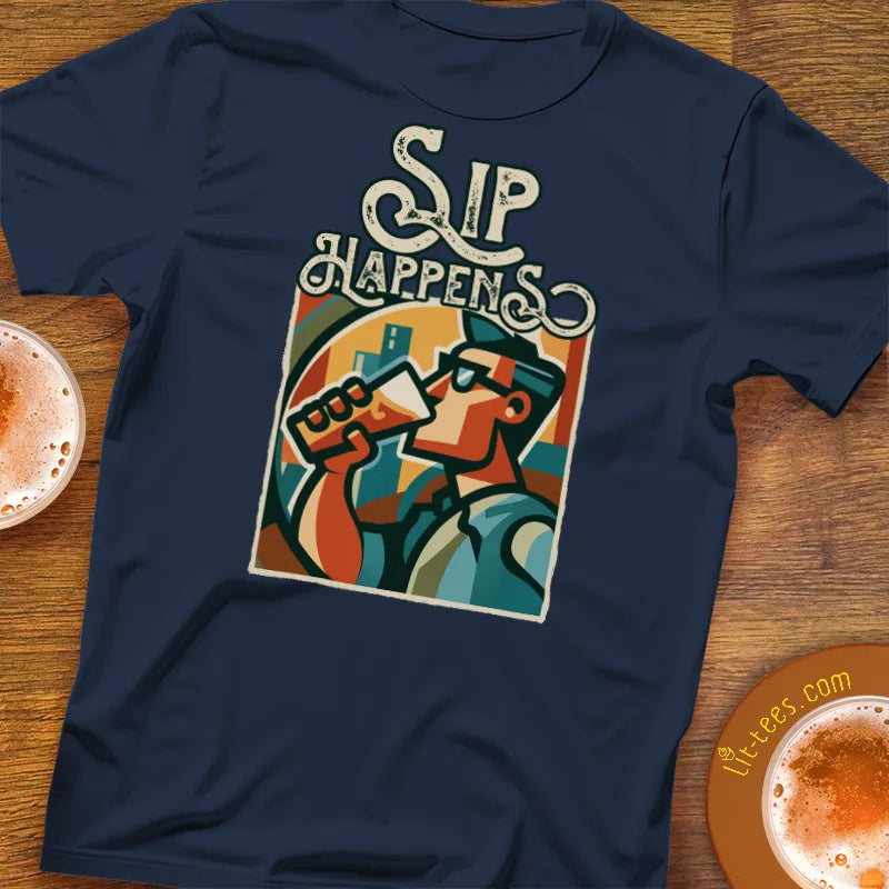 Navy blue t-shirt with 'Sip Happens' graphic design on a wooden surface with coffee cups.