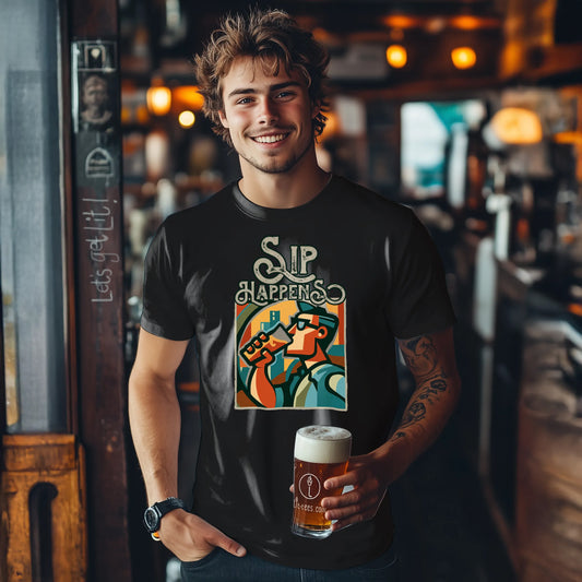 Man holding a beer in a bar wearing a 'Sip Happens' t-shirt.