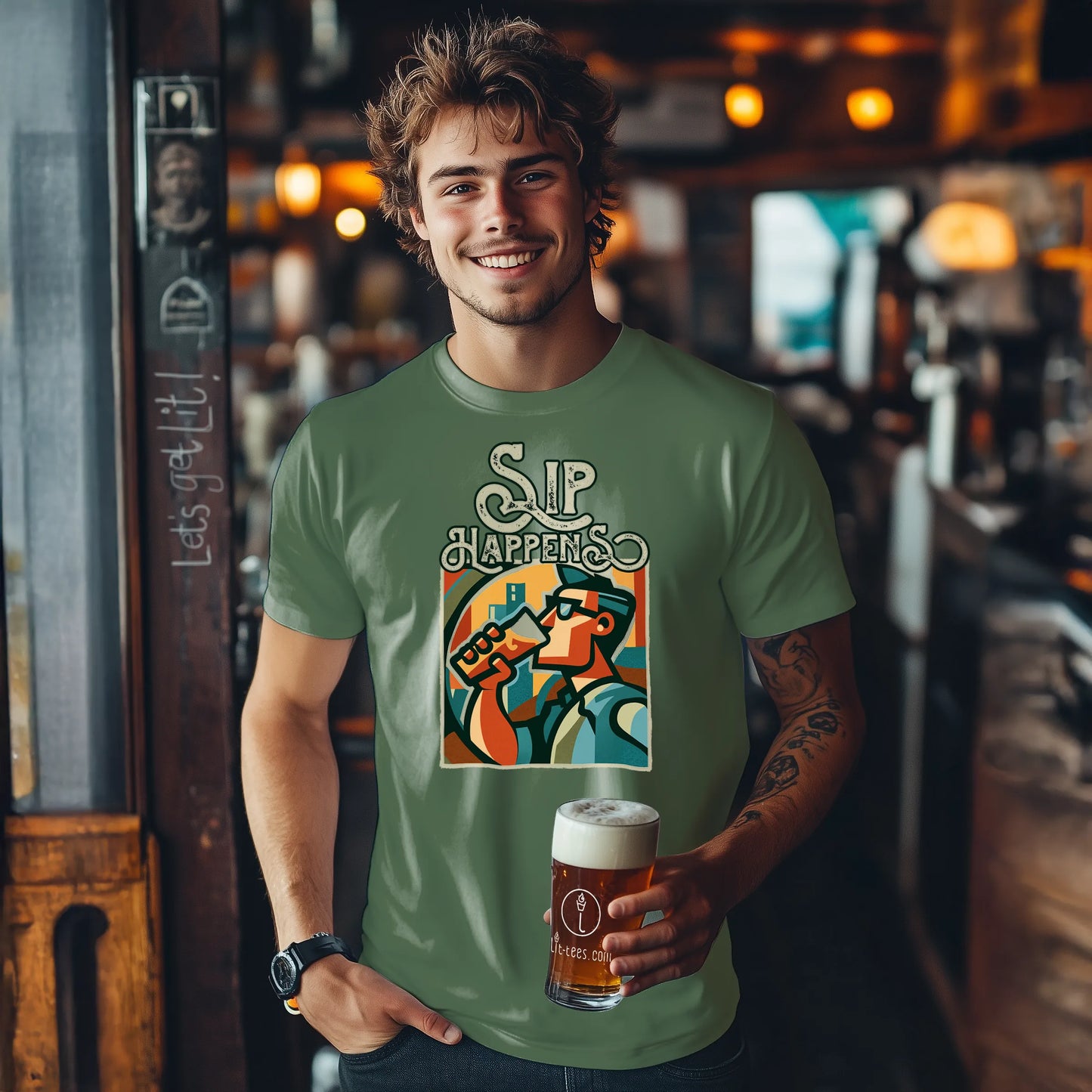 Man wearing a military green t-shirt with 'Sip Happens' design, holding a beer in a bar setting.